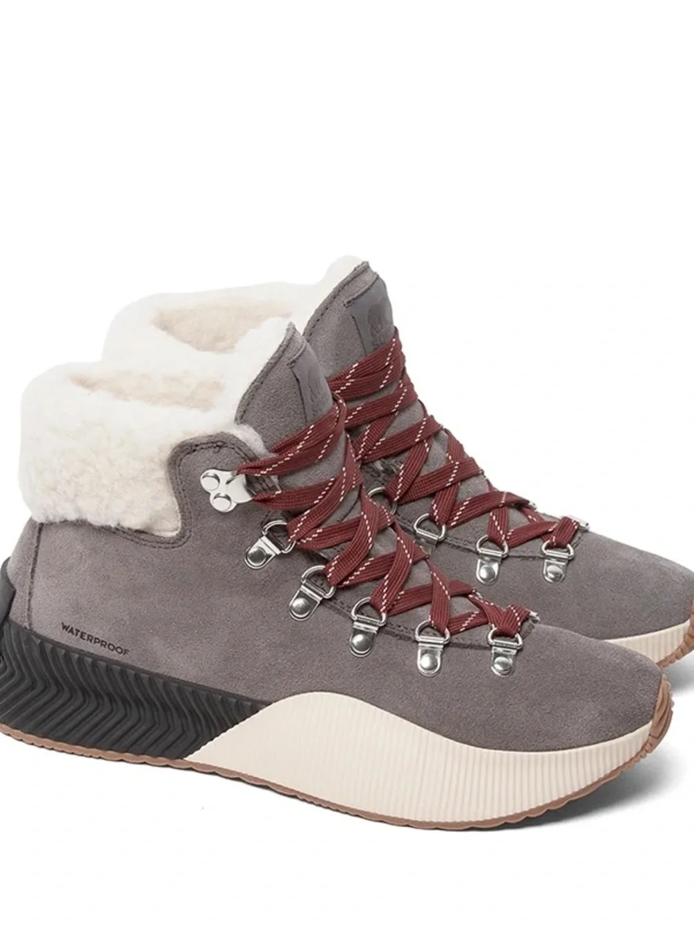 Sorel Gray Suede Waterproof Shearling-Trim Lace-Up Boots with Burgundy Laces 7.5